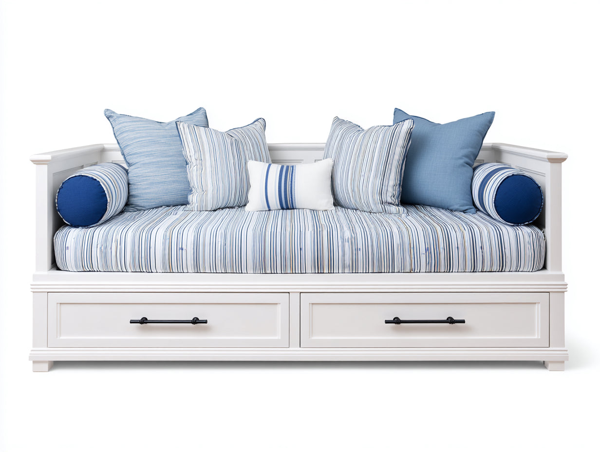 Sofás cama de madera 205 x 100 x 88 cm - Blanco-azul - 2 cajones y diseño costero