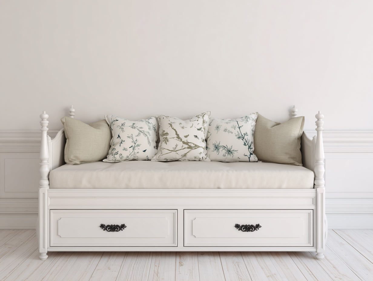 Sofás cama de madera 205 x 100 x 92 cm - Blanco-beige - 2 cajones y estilo clásico