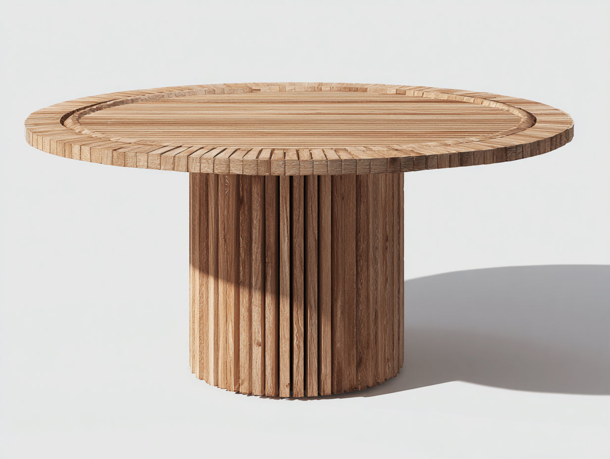Mesa de jardín redonda de madera 130 x 130 x 75 cm - Madera natural - Pedestal cilíndrico acanalado