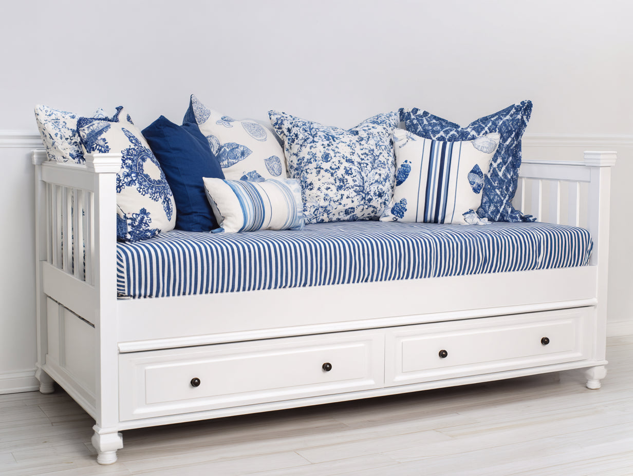 Sofás cama de madera 205 x 100 x 90 cm - Blanco-azul - 2 cajones y estilo costero