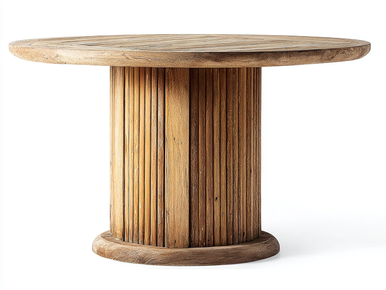 Mesa de jardín redonda de madera 130 x 130 x 75 cm - Marrón natural - Pedestal cilíndrico acanalado de estilo rústico