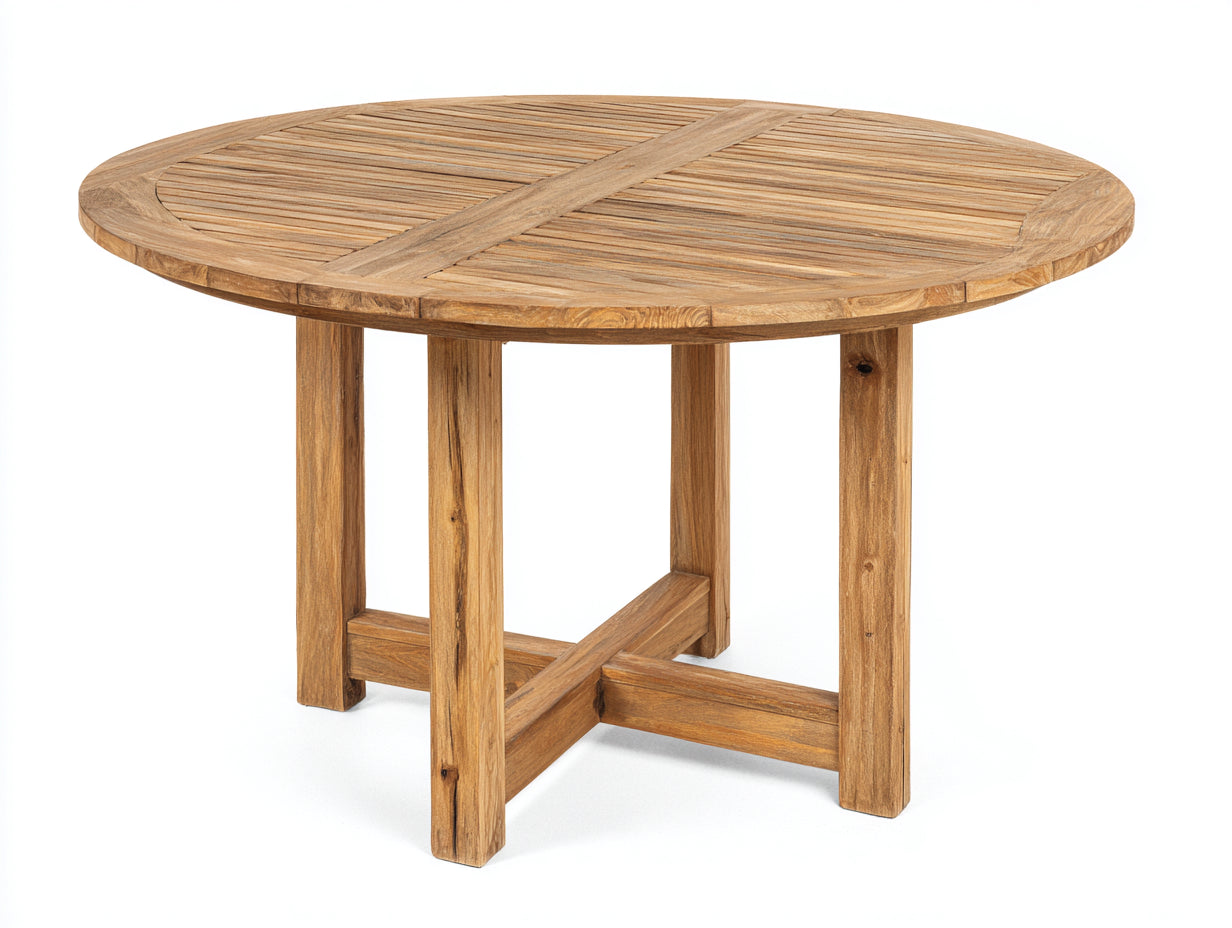Mesas de jardín redondas de madera 120 x 120 x 75 cm - Marrón natural - Tablero de listones y diseño rústico