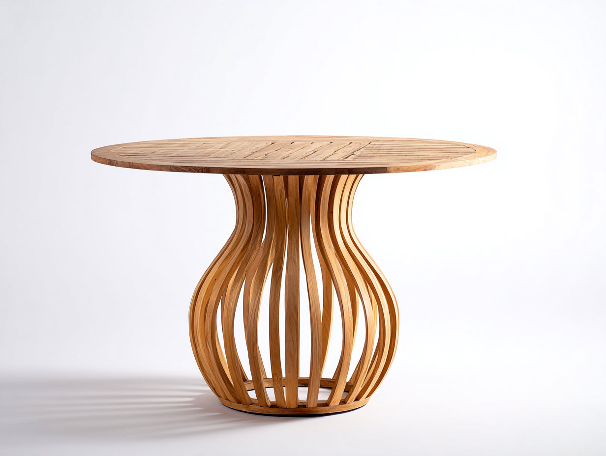 Mesa de jardín redonda de madera 120 x 120 x 76 cm - Madera natural - Base escultórica de listones curvos