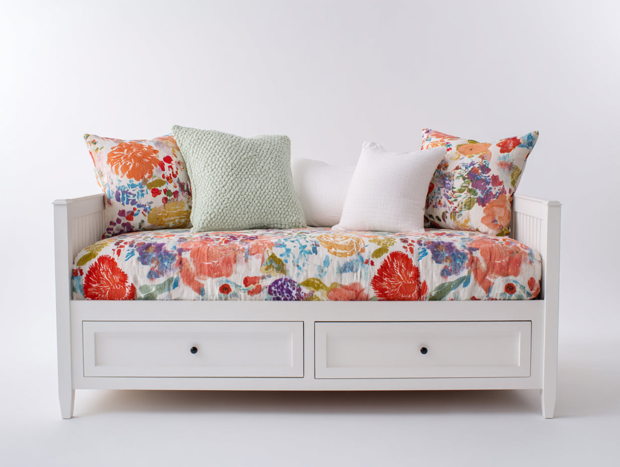 Sofás cama de madera y tejido 202 x 94 x 86 cm - Blanco-Multicolor - 2 cajones - Diseño floral para dormitorio