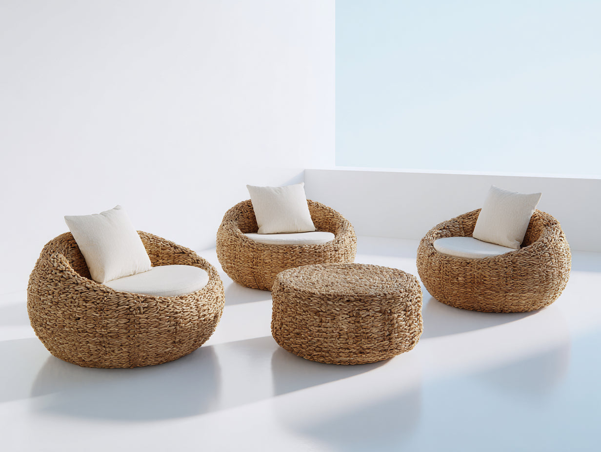 Sofás de exterior de fibra vegetal trenzada 105x95x72 cm - natural y blanco - conjunto de 4 piezas para terraza de estilo orgánico