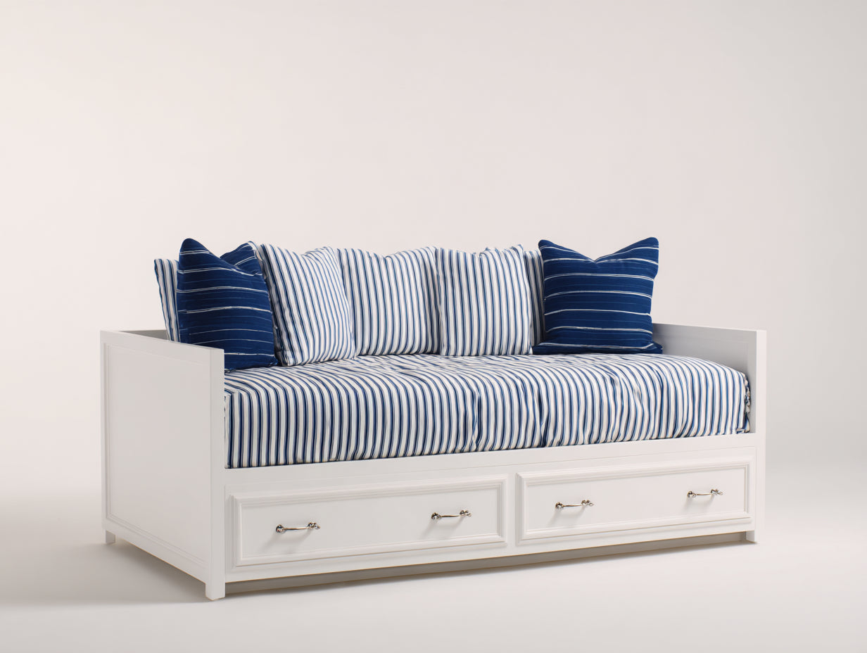 Sofás cama de madera 200 x 95 x 86 cm - Blanco y azul - 2 cajones y diseño clásico