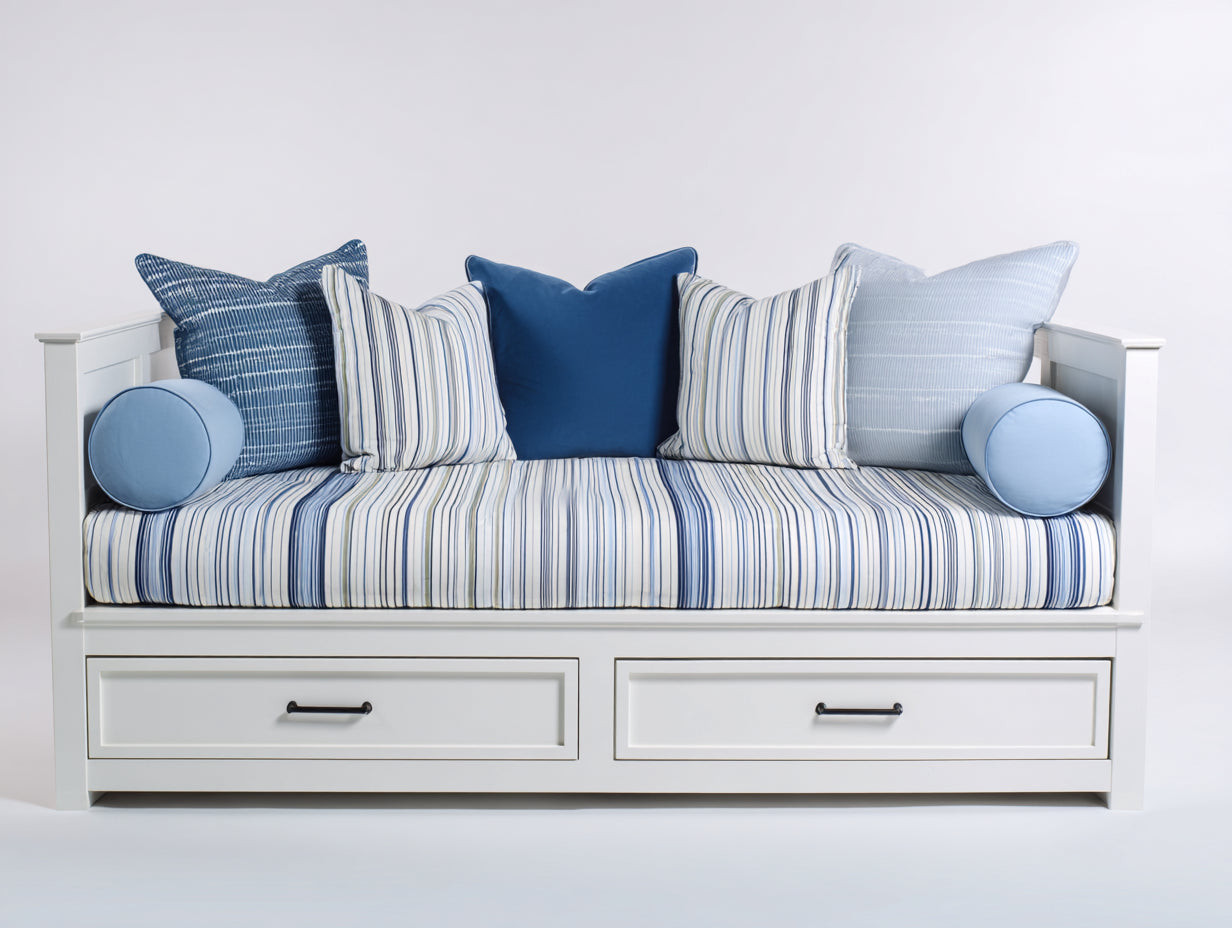 Sofás cama de madera y tejido 204 x 96 x 87 cm - Blanco-Azul - 2 cajones - Diseño costero para dormitorio