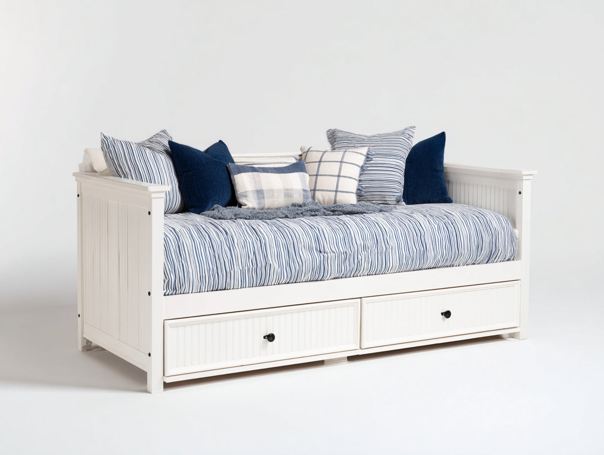 Sofás cama de madera 200 x 95 x 88 cm - Blanco y azul - 2 cajones y estilo clásico