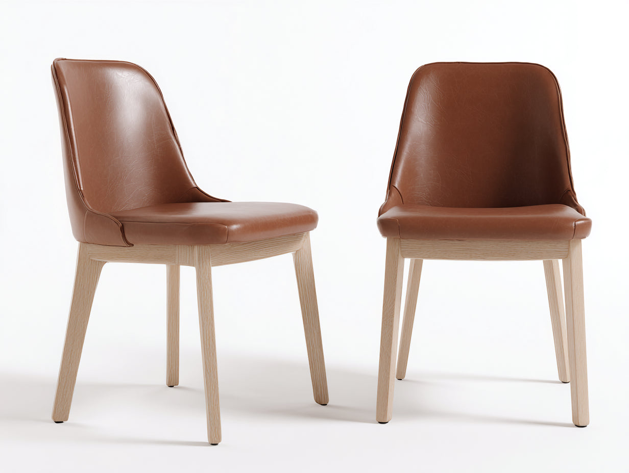 Juego de 2 sillas de comedor de piel sintética y madera 52 x 58 x 87 cm - Marrón coñac y madera natural - Diseño moderno con respaldo alto