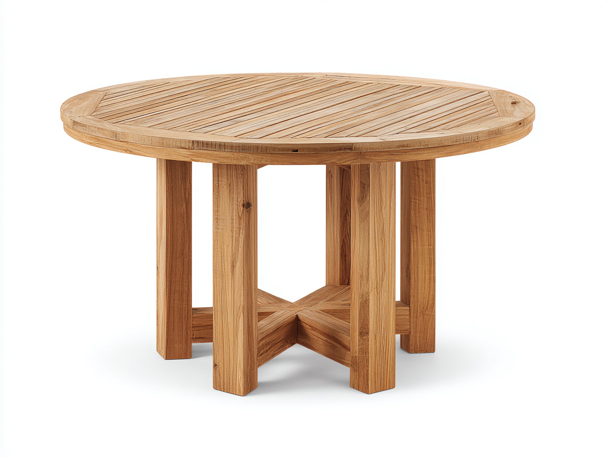 Mesas de jardín de madera 120 x 120 x 75 cm - Madera natural - Tablero redondo de listones - Diseño rústico para terraza