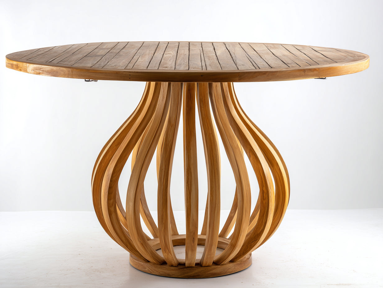 Mesas de jardín de madera 160 x 160 x 75 cm - Madera natural - Tablero redondo de listones - Base escultórica para terraza