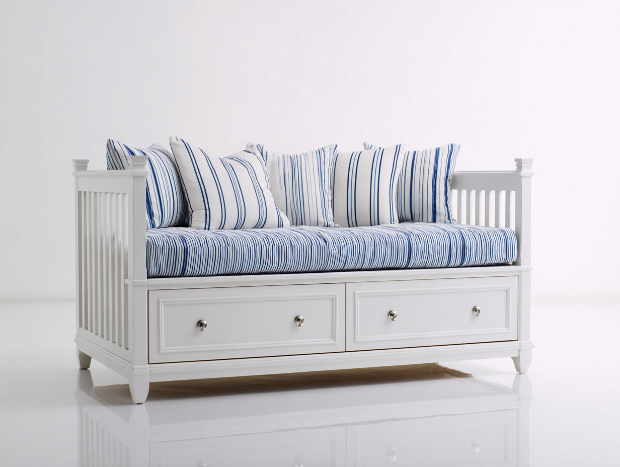 Sofás cama de madera 200 x 100 x 88 cm - Blanco-azul - 2 cajones y estilo costero