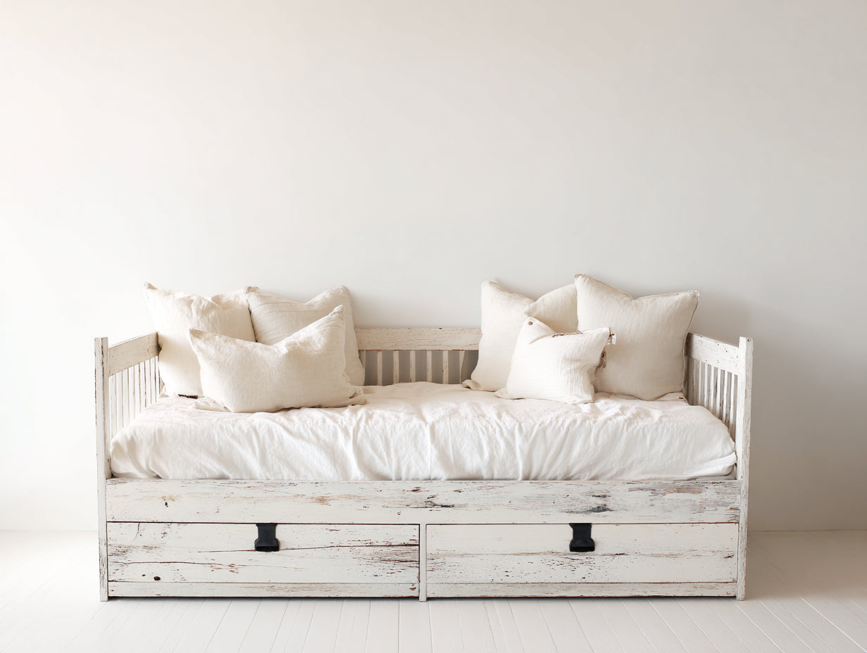 Sofás cama de madera 200 x 90 x 85 cm - Blanco - 2 cajones - Diseño rústico para dormitorio
