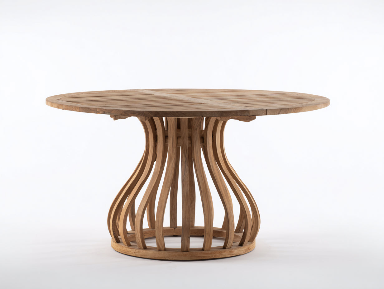 Mesas de jardín de madera maciza 120 x 120 x 76 cm - Marrón natural - Mesa redonda con base escultórica