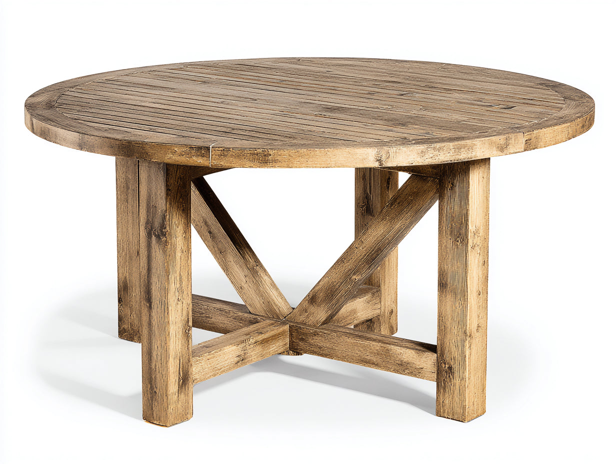 Mesas de jardín redondas de madera 120 x 120 x 75 cm - Marrón natural - Estructura reforzada y estilo rústico